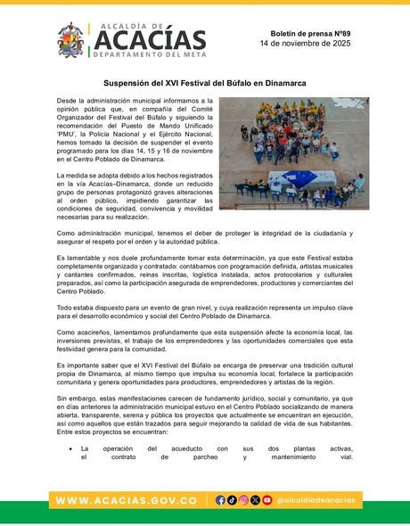 #InformaciónInstitucional La Alcaldía de Acacías informa que se tomó la determinación de