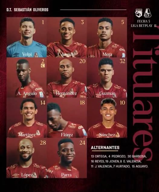 Deportes Tolima trajo esta nómina de titulares y suplentes para jugar ante
